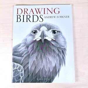 May include: A book titled "DRAWING BIRDS" by Andrew Forkner. The cover features a detailed pencil drawing of a bird's head, predominantly in shades of gray and purple. The publisher's name, "SEARCH PRESS," is at the bottom.