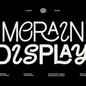May include: A black background featuring the words "MORAZN DISPLAY" in a distinctive white font. The text includes the phrases "EXPERIMENTAL UNIQUE TYPEFACE" and "CREATED BY TYPORAITHCO."