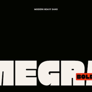 Pode incluir: Fundo preto com a palavra "MEGRA" em fonte grande, em negrito e esbranquiçada. A palavra "BOLD" está num pequeno retângulo laranja. A parte superior da imagem tem o texto "DESIGN BY TYPORAITHCO", "MODERN HEAVY SANS" e "EST.2026".