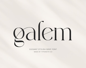 Könnte beinhalten: Das Wort "galem" in einer schwarzen, eleganten Serifenschrift ist auf einem hellbeigen Hintergrund zentriert. Darunter steht der Text "ELEGANT STYLISH SERIF FONT" und "MADE BY TYPORAITH CO."