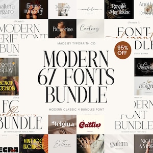 Könnte beinhalten: Werbebild für ein Bundle mit 67 modernen Schriftarten. Das Design zeigt verschiedene Schriftarten, darunter Serif-, Script- und Display-Schriften, mit dem Text "MODERN 67 FONTS BUNDLE" prominent dargestellt. Ein "95% OFF"-Badge ist ebenfalls sichtbar.