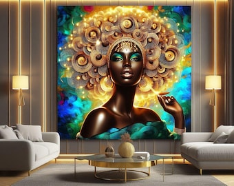 Arte mural afrocéntrico: Retrato de reina africana, decoración bohemia para el hogar