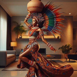 May include: A woman in traditional African attire, balancing a large, intricately designed clay pot on her head. She wears a colorful headdress with feathers, beaded jewelry, and a patterned skirt. The outfit is predominantly orange, brown, and blue.