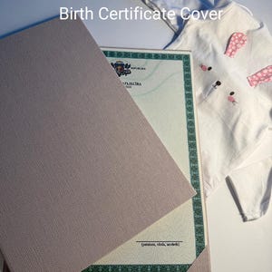 May include: A light pink birth certificate cover with the text "Birth Certificate Cover" in white. The cover is open, revealing a green and white document. A white baby onesie with pink bunny ears is in the background.