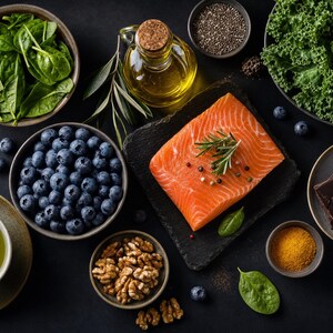 May include: A flat lay of healthy food items including a salmon fillet with rosemary, a bowl of blueberries, spinach, kale, walnuts, chia seeds, dark chocolate with 85% cocoa, olive oil, turmeric powder, and a cup of steaming green tea.