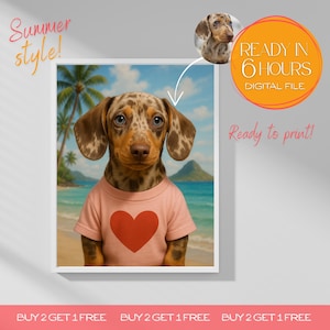 Custom Summer Dog Portrait Hawaiian Style Pet Art Beach Vibes Digital Download Funny Pet Gift Custom Vacation Print Cat Art Pet Lover Gift