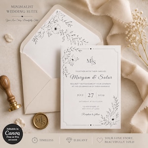 Pode incluir: Um convite de casamento branco e envelope correspondente com ilustrações florais em linhas pretas. O texto diz: MINIMALIST WEDDING SUITE, Your Love Story, Beautifully Told, M S, TOGETHER WITH THEIR FAMILIES, Maryam & Salar, JULY 27 2029, SATURDAY, AT 6 O'CLOCK, 123 ANYWHERE ST, ANY CITY, ST 12345, Reception to follow.