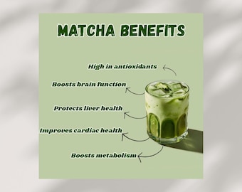 May include: A refreshing matcha drink in a clear glass with ice cubes, set against a light green background. The image includes text highlighting the benefits of matcha: high in antioxidants, boosts brain function, protects liver health, improves cardiac health, and boosts metabolism.