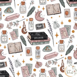 May include: A seamless pattern featuring various mystical elements. The design includes spellbooks, tarot cards, sage bundles, crystal, jars labeled "Moth Wings" and "Sage", and a crescent moon with pins. The color palette consists of soft pinks, greens, and browns on a white background.