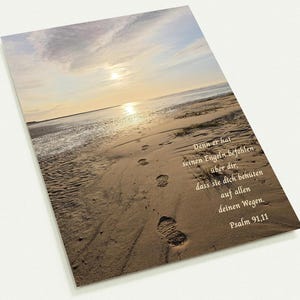 Conjunto de 10 cartões postais pôr do sol com versículo bíblico – Salmo 91:11 – Cartões cristãos com pegadas na areia – presente de proteção angelical