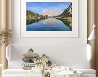 Mountain Lake Wall Art with Psalm 121:1–2 | Christian Wall Art | Bible Verse Landscape | Digital Download | Mindfulness Gift
