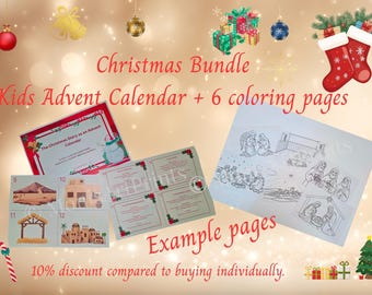May include: A Christmas bundle featuring a Kids Advent Calendar and six coloring pages. The calendar has a red border and a snowman graphic. The coloring pages show nativity scenes. Festive decorations include ornaments, stockings, and a Christmas tree.