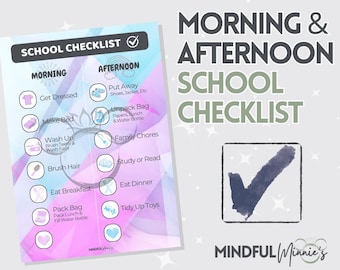 May include: A school checklist with morning and afternoon tasks, including getting dressed, making the bed, and eating breakfast. The afternoon tasks include putting away shoes, unpacking bags, and studying. The checklist is on a pastel background with the text "Morning & Afternoon School Checklist."