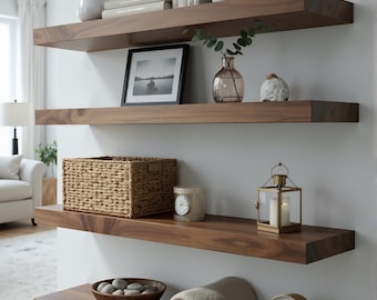 Solid Walnut Wall Shelves, American Walnut Floating Shelves, Kitchen Storage Shelf, Modern Minimalist Wood Shelving, Living Room Decor,