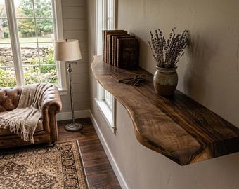 Live Edge Wooden Floating Shelf, Rustic Walnut Floating Shelf