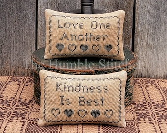 Love And Kindnes, Two Bluework Pinkeeps...Primitive PAPER Cross Stitch Pattern By The Humble Stitcher