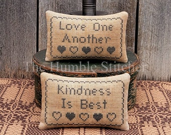 Love And Kindness, Two Bluework Pinkeeps...Primitive PDF Cross Stitch Pattern By The Humble Stitcher