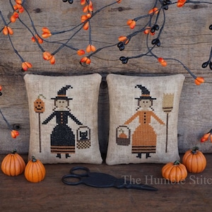 Trick Or Treat, Two Witch Pinkeeps...Primitive PDF Cross Stitch Pattern By The Humble Stitcher