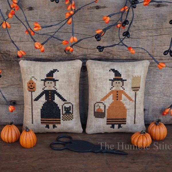 Trick Or Treat, Two Witch Pinkeeps...Primitive PDF Cross Stitch Pattern By The Humble Stitcher