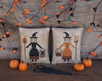 Trick Or Treat, Two Witch Pinkeeps...Primitive PDF Cross Stitch Pattern By The Humble Stitcher