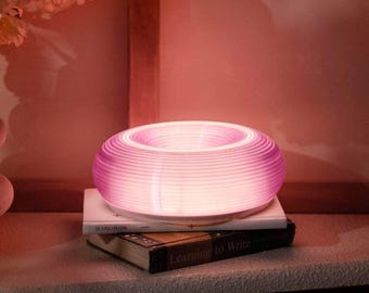 Może przedstawiać: Świecąca, różowa, okrągła lampa z żebrowanym wzorem stoi na stosie książek. Lampa emituje miękkie światło, oświetlając otoczenie. Książki zawierają "Learning to Write". Po lewej stronie biały wazon z kwiatami.
