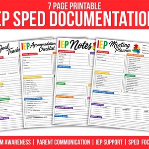 Può includere: Un set di 7 pagine stampabili di documentazione IEP SPED che include un tracker degli obiettivi, una lista di controllo per gli alloggi, note e un pianificatore di riunioni. Ogni foglio bianco presenta intestazioni colorate e sezioni a righe.