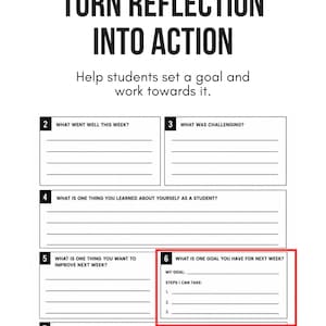 Puede incluir: Una hoja de trabajo educativa blanca titulada TURN REFLECTION INTO ACTION con el subt&iacute;tulo Help students set a goal and work towards it. Incluye secciones numeradas del 2 al 7 con l&iacute;neas en blanco para escribir respuestas.