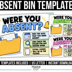 Könnte beinhalten: Drei druckbare Klassenzimmer-Poster mit der Aufschrift WERE YOU ABSENT? zeigen ein gelbes Aktenordner-Symbol, einen Kalender, eine Lupe und Anweisungen zum Finden von Daten und fehlenden Aufgaben. Die Designs umfassen blaue, grüne und rosa Farbtöne.