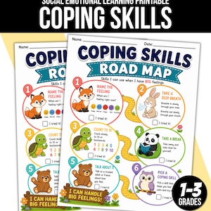 Könnte beinhalten: Ein ausdruckbares Arbeitsblatt zum sozialen emotionalen Lernen mit dem Titel Coping Skills Road Map. Das Blatt enthält sechs nummerierte Schritte mit Tierillustrationen wie Fuchs, Hase, Schildkröte, Panda und Eule zur Anleitung bei Gefühlen.