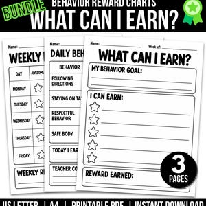 May include: A bundle of three black and white printable behavior reward charts. The pages feature text including BUNDLE, BEHAVIOR REWARD CHARTS, WHAT CAN I EARN?, WEEKLY, DAILY BEHAVIOR, MY BEHAVIOR GOAL, I CAN EARN, and REWARD EARNED, with star icons.
