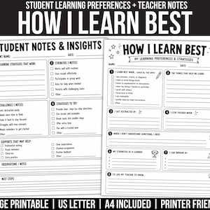 Pode incluir: Duas folhas de trabalho imprimíveis em preto e branco intituladas Student Notes & Insights e How I Learn Best. Estes documentos apresentam secções numeradas com caixas de verificação e linhas para registar preferências de aprendizagem.