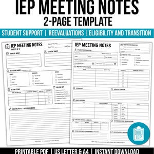 IEP Meeting Notes Template | 2-Page Special Education Documentation Form | Case Manager Printable