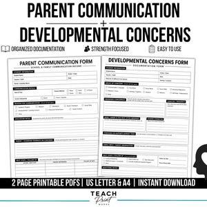 Op de afbeelding: Twee printbare formulieren getiteld Parent Communication Form en Developmental Concerns Form. De documenten bevatten zwarte tekst op een witte achtergrond met secties voor leerlinginformatie, communicatiegegevens en notities.