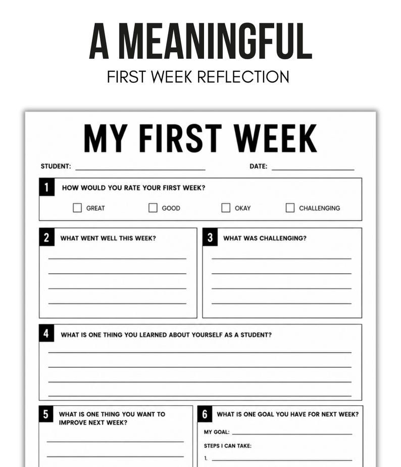 Puede incluir: Una hoja de trabajo de reflexi&oacute;n imprimible en blanco y negro titulada A MEANINGFUL FIRST WEEK REFLECTION y MY FIRST WEEK. Incluye campos para el nombre del estudiante, fecha y seis secciones numeradas con preguntas y l&iacute;neas para escribir.