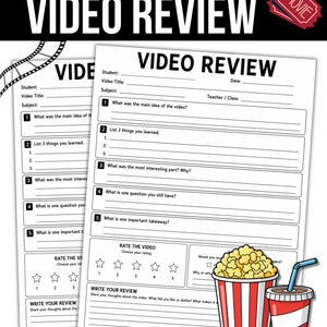 Puede incluir: Una hoja de trabajo blanca titulada VIDEO REVIEW con campos para estudiante, fecha, título del video, materia y profesor. Incluye cinco preguntas numeradas, una sección de calificación de cinco estrellas y una ilustración de palomitas.