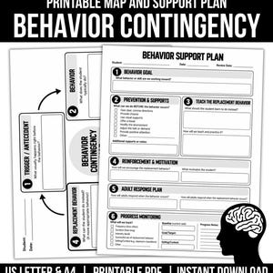 May include: A printable behavior contingency map and behavior support plan document in PDF format. The forms feature numbered sections for tracking triggers, antecedents, behavior goals, prevention, replacement behaviors, and progress monitoring.