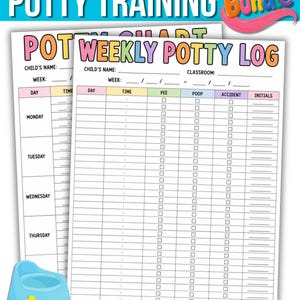 May include: A potty training bundle featuring a weekly potty log chart with columns for day, time, pee, poop, accident, and initials. The chart includes fields for child's name, classroom, and week. A small blue potty chair with a yellow duck icon is included.
