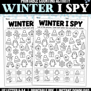 Pode incluir: Uma folha de atividades de contagem imprimível Winter I Spy com ilustrações a preto e branco de flocos de neve, bonecos de neve, gorros, canecas, presentes, luvas, árvores, pinguins, cachecóis e patins com caixas para anotar os totais.