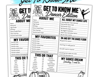 Imprimible para conocer a los bailarines / Actividad para equipos de baile / Hoja de trabajo para bailarines / Cuestionario para estudiantes de baile / Integración del equipo