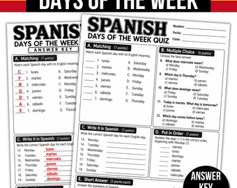 Spanish Days of the Week Quiz | Spanish Vocabulary Test | Days of the Week Worksheet | Spanish Assessment Printable