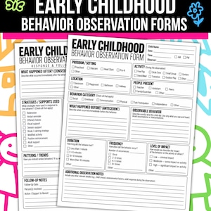 May include: Two white paper early childhood behavior observation forms with black text and checkboxes. The forms include sections for program, setting, location, behavior category, antecedents, observable behavior, duration, frequency, and impact.