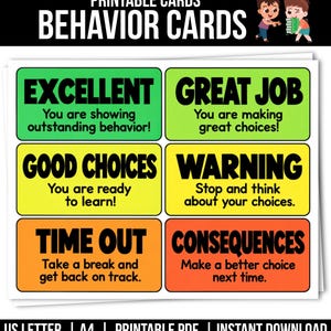 May include: A set of six printable behavior cards with black text on colored backgrounds. The cards feature the phrases Excellent, Great Job, Good Choices, Warning, Time Out, and Consequences, each accompanied by a short descriptive sentence.