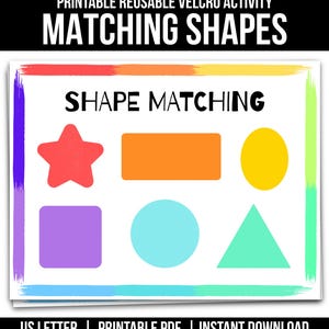 Pode incluir: Uma folha de atividades imprimível intitulada SHAPE MATCHING com uma borda colorida e seis formas distintas: uma estrela vermelha, um retângulo laranja, um oval amarelo, um quadrado roxo, um círculo azul claro e um triângulo verde menta num fundo branco.
