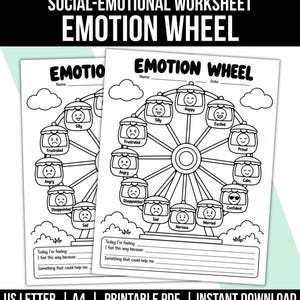 Può includere: Una scheda di lavoro socio-emotiva in bianco e nero intitolata Emotion Wheel che presenta un'illustrazione di una ruota panoramica con cabine etichettate con varie emozioni come Happy, Excited, Proud, Calm, Confident, Worried, Nervous, Sad, Disappointed, Angry, Frustrated e Silly.