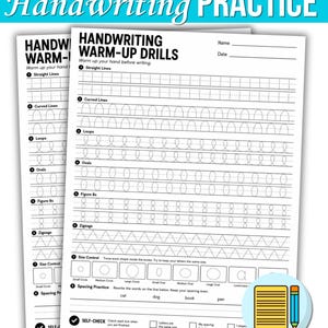 May include: A white handwriting practice worksheet titled Handwriting Warm-Up Drills with black text and lines. It features numbered sections for tracing straight lines, curved lines, loops, ovals, figure eights, zigzags, size control boxes, and spacing practice.