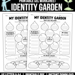 May include: A printable SEL worksheet titled My Identity Garden featuring a black and white flower graphic with sections for interests, personality, strengths, goals, values, beliefs, and roots with lines for writing text on a white background.