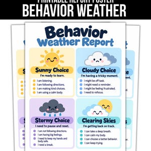 May include: A printable Behavior Weather Report poster featuring four sections: Sunny Choice with a smiling sun, Cloudy Choice with a sad cloud, Stormy Choice with an angry rain cloud, and Clearing Skies with a sun and cloud, all with text lists.