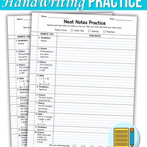 Può includere: Un foglio di esercizi di calligrafia intitolato Neat Notes Practice con un'intestazione per nome e data. La pagina presenta una tabella con due colonne chiamate Rewrite This e Your Notes, contenente dieci materie scolastiche.