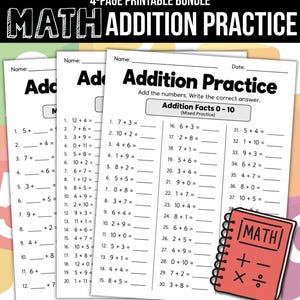 Puede incluir: Un paquete imprimible de 4 páginas de ejercicios de suma matemática. Cada página blanca presenta problemas de suma numerados con líneas en blanco para las respuestas, titulado Addition Practice, con un icono de cuaderno rojo de espiral con símbolos matemáticos.