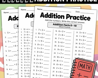 Addition Practice Drills Worksheets, Addition Facts 0-12, Math Fact Fluency, Missing Addends Printable